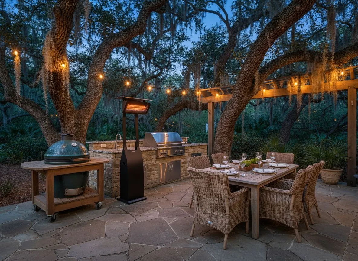 Bromic Tungsten Portable heater beside a Big Green Egg and outdoor kitchen under live oaks at dusk on a Hilton Head Island patio