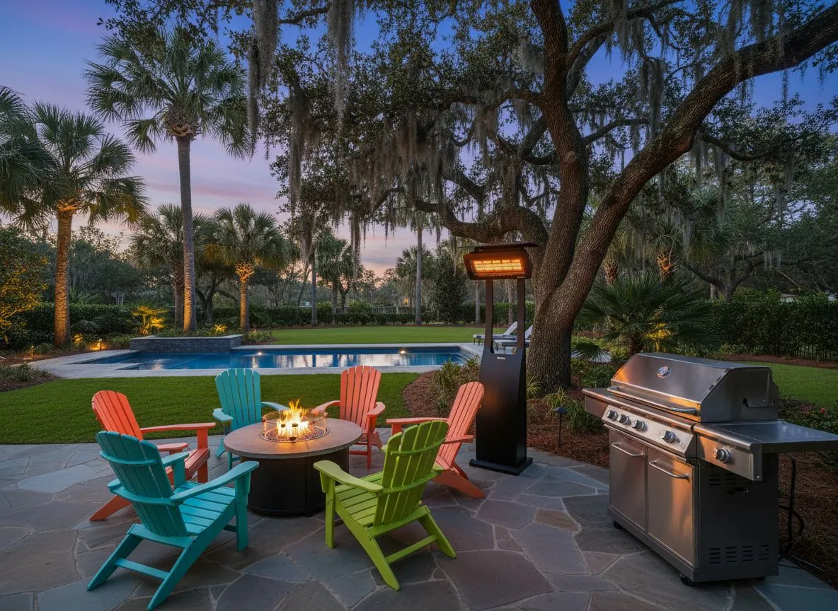 Bromic Tungsten Portable heater beside colorful poly Adirondack chairs around a fire pit with pool and grill at twilight