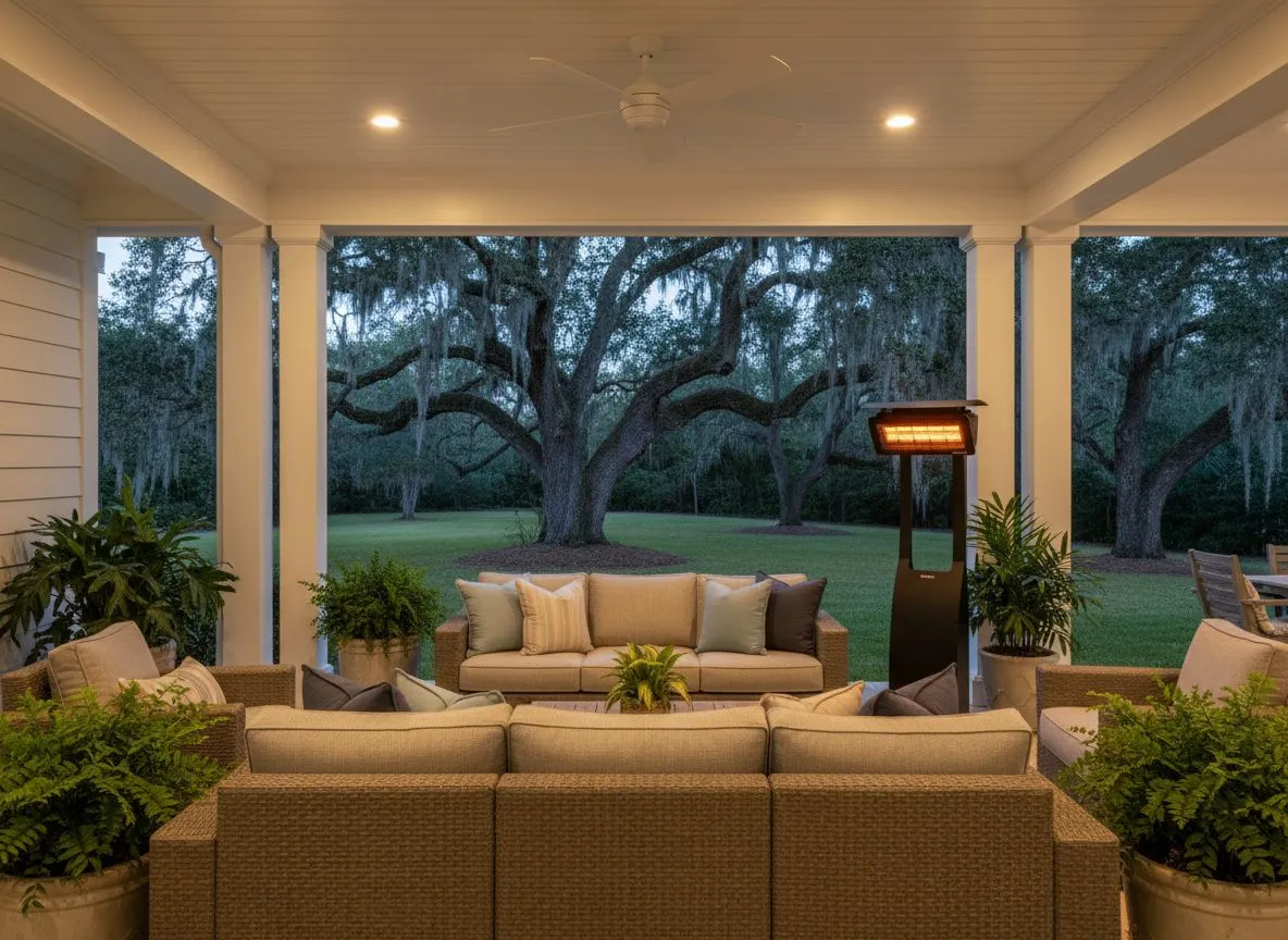 Bromic Tungsten Portable heater on a covered porch with wicker sectional sofa and live oaks at dusk