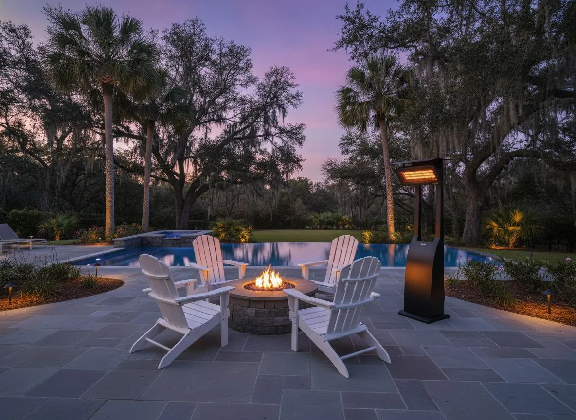 Bromic Tungsten Portable heater beside white Adirondack chairs around a stone fire pit with infinity pool at twilight