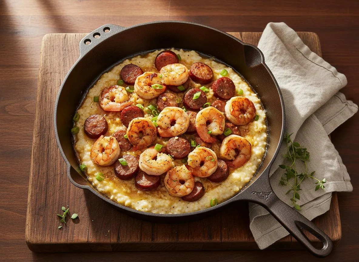 Lowcountry Shrimp & Grits in a Smithey Cast Iron Skillet