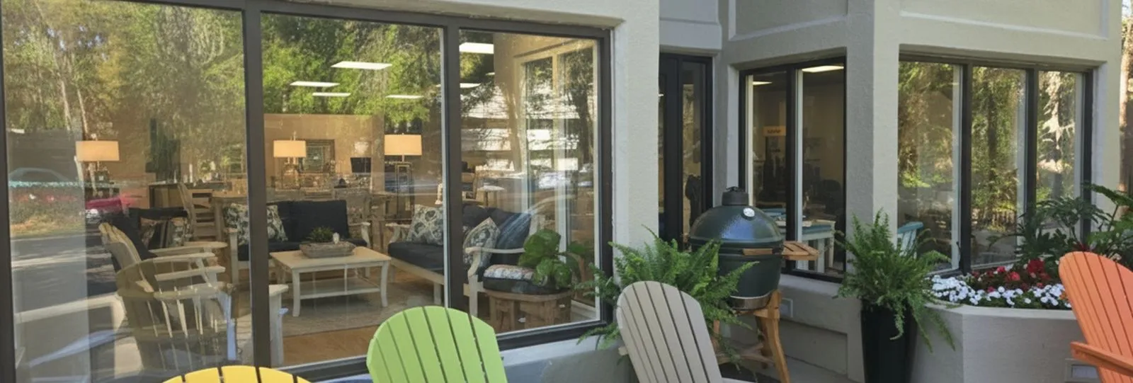Terrace + Tide showroom exterior with colorful Adirondack chairs and Big Green Egg
