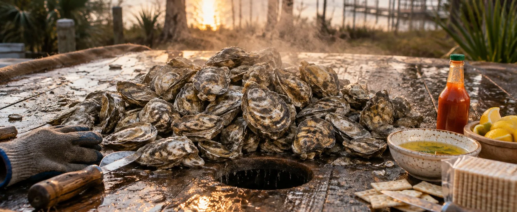Pile of steaming roasted cluster oysters on a wooden oyster table with an oyster knife, work glove, garlic butter, hot sauce, lemons and saltines at sunset