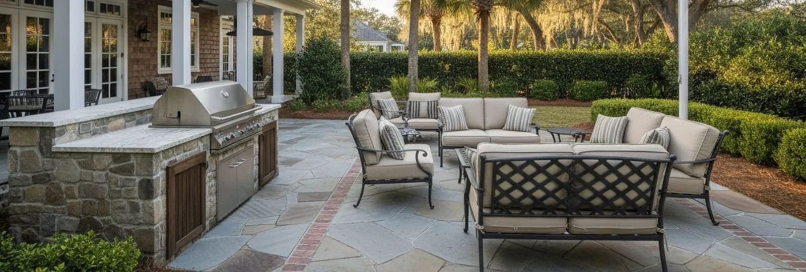 Lowcountry backyard with O.W. Lee furniture and Twin Eagles outdoor kitchen