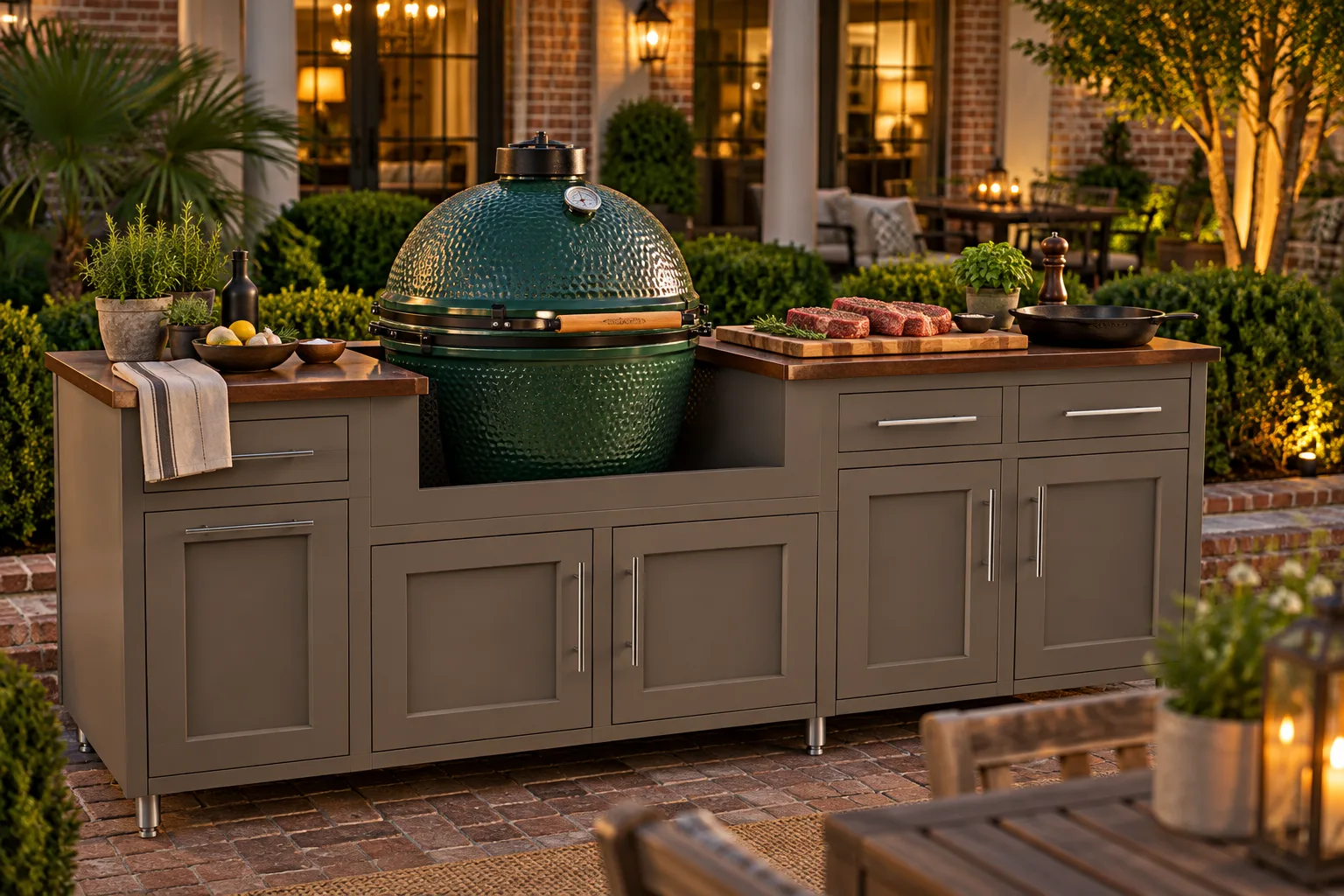 Big Green Egg set into a Challenger aluminum cooking island on a Lowcountry patio