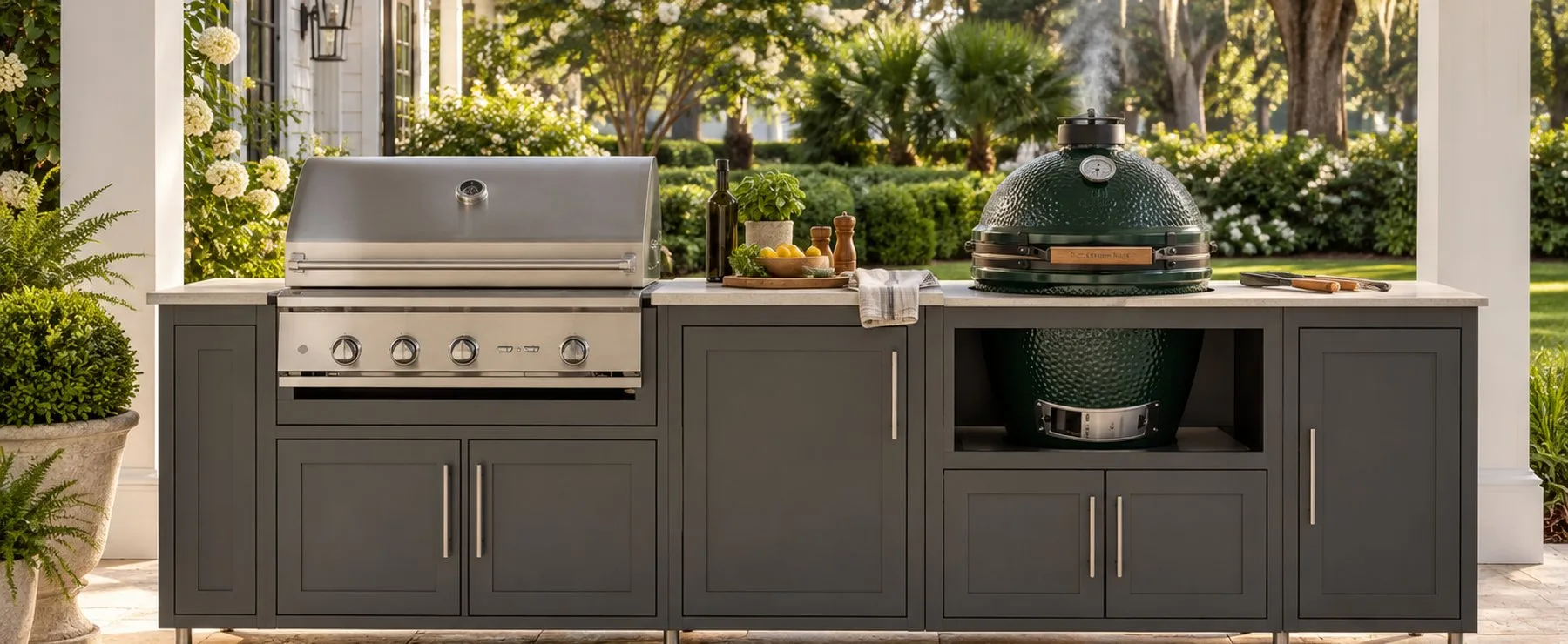 Big Green Egg set into a charcoal-gray Challenger aluminum outdoor kitchen island beside a stainless gas grill, with a marsh and live oaks behind at golden hour