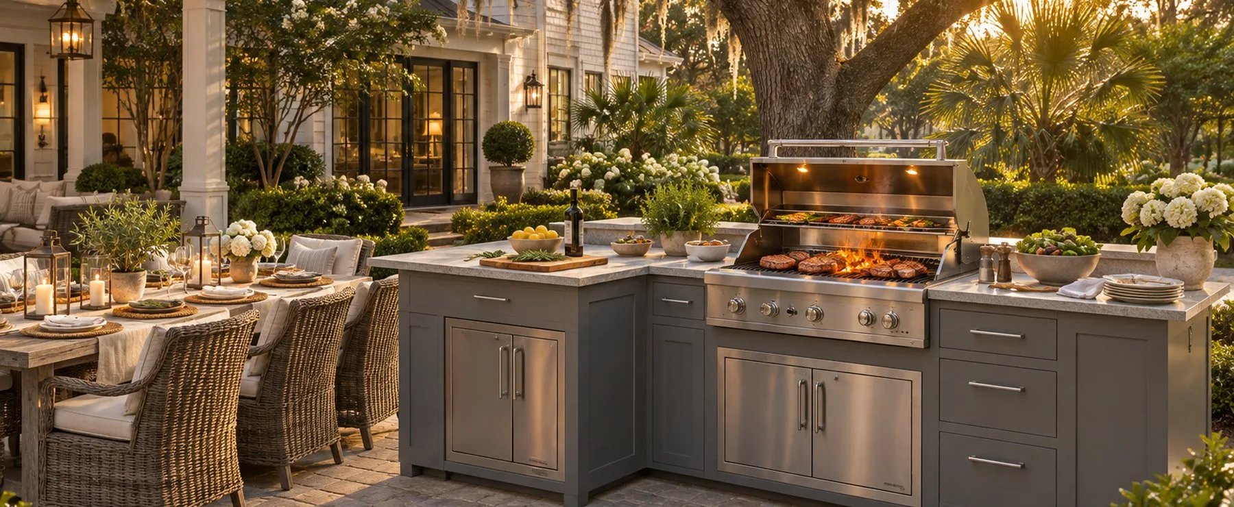 Stainless built-in gas grill searing ribeyes in a gray Challenger aluminum outdoor kitchen overlooking a Lowcountry marsh at sunset