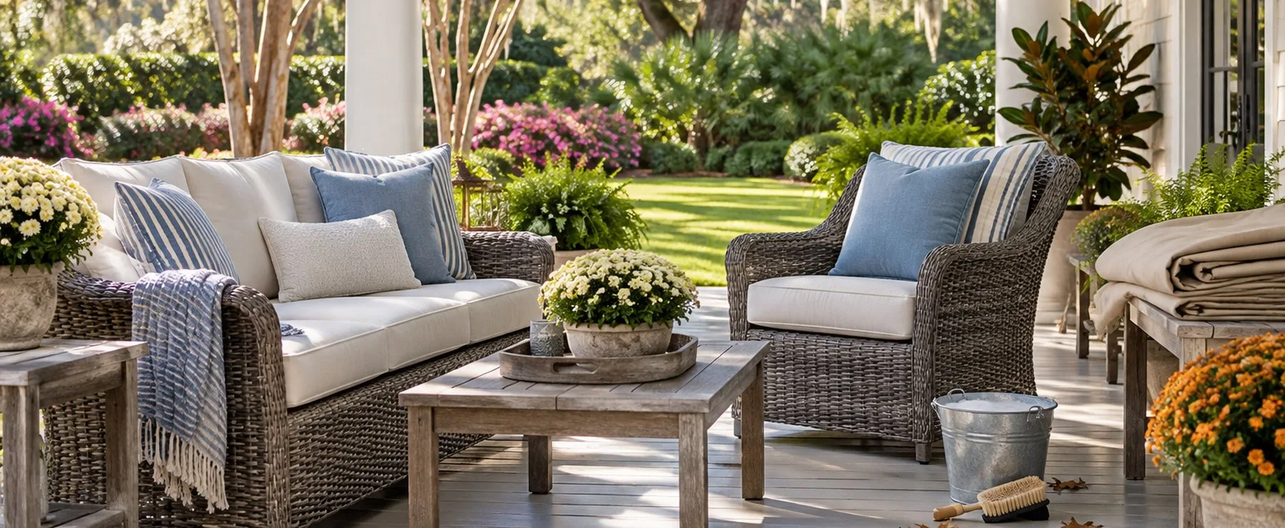 Hand-woven wicker loveseat and chair with freshly cleaned cushions on a Lowcountry porch in October light, a bucket of soapy water, a folded furniture cover and potted mums