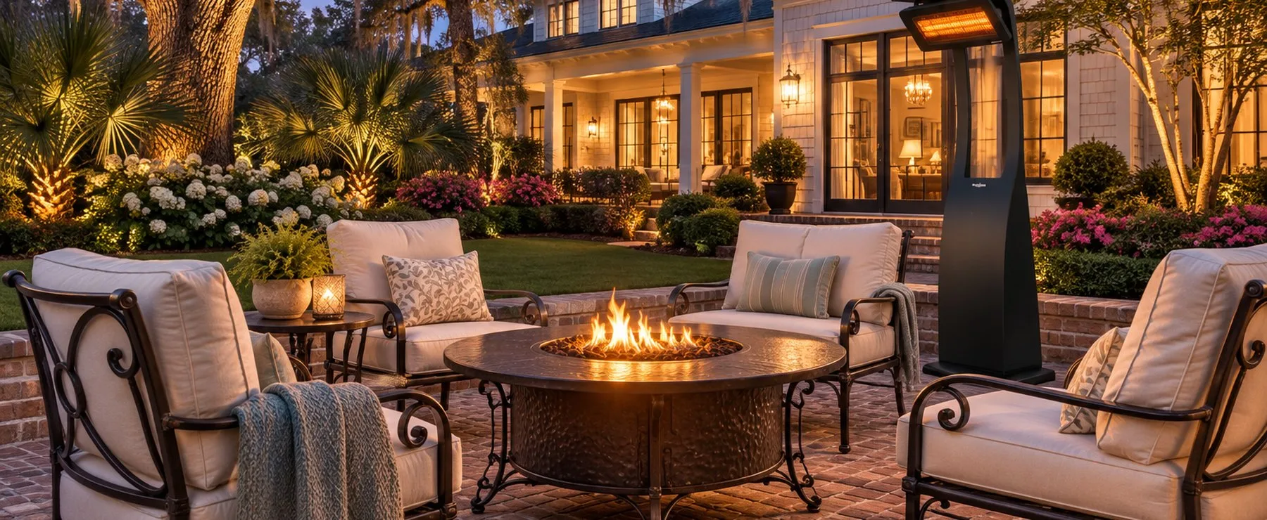 Wrought iron fire pit table with a low flame surrounded by cushioned iron lounge chairs and throws, a tall infrared patio heater glowing beside them, and the marsh at blue hour