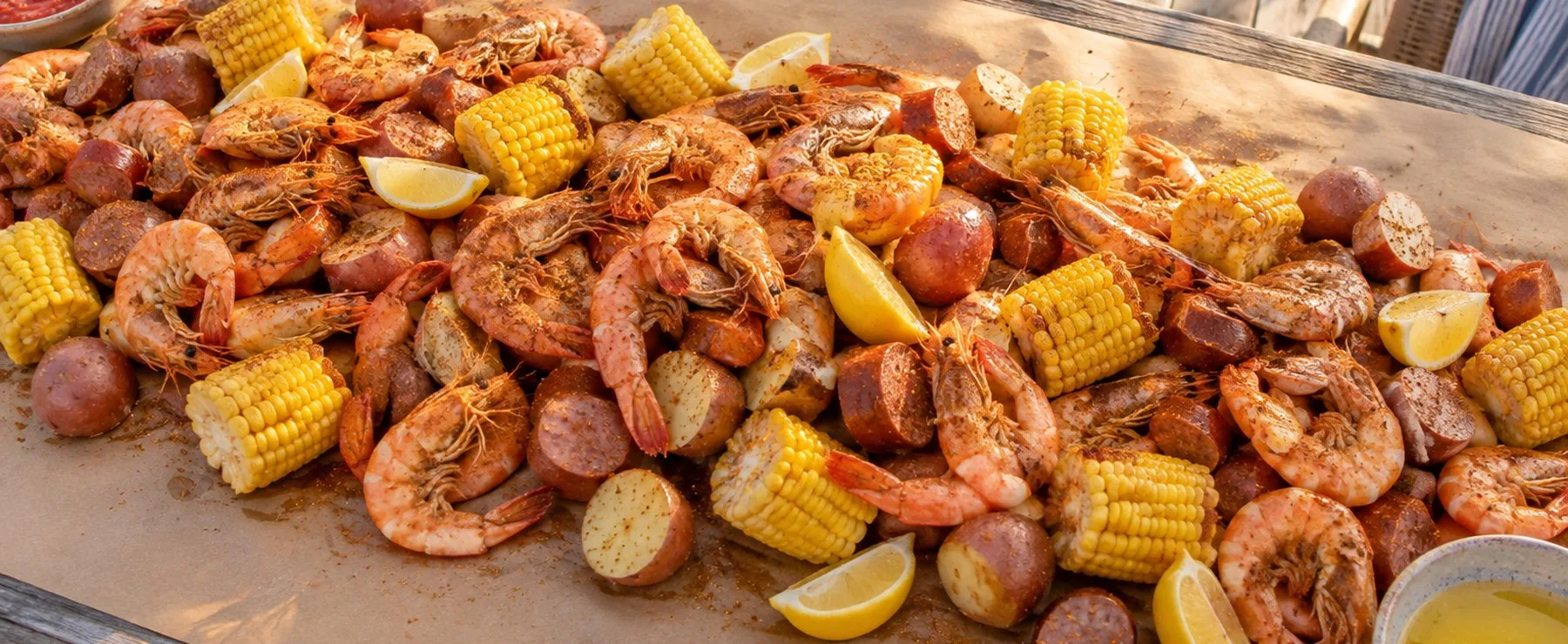 Lowcountry boil of shrimp, corn, red potatoes and smoked sausage poured across a kraft paper-covered outdoor table with lemon wedges and melted butter