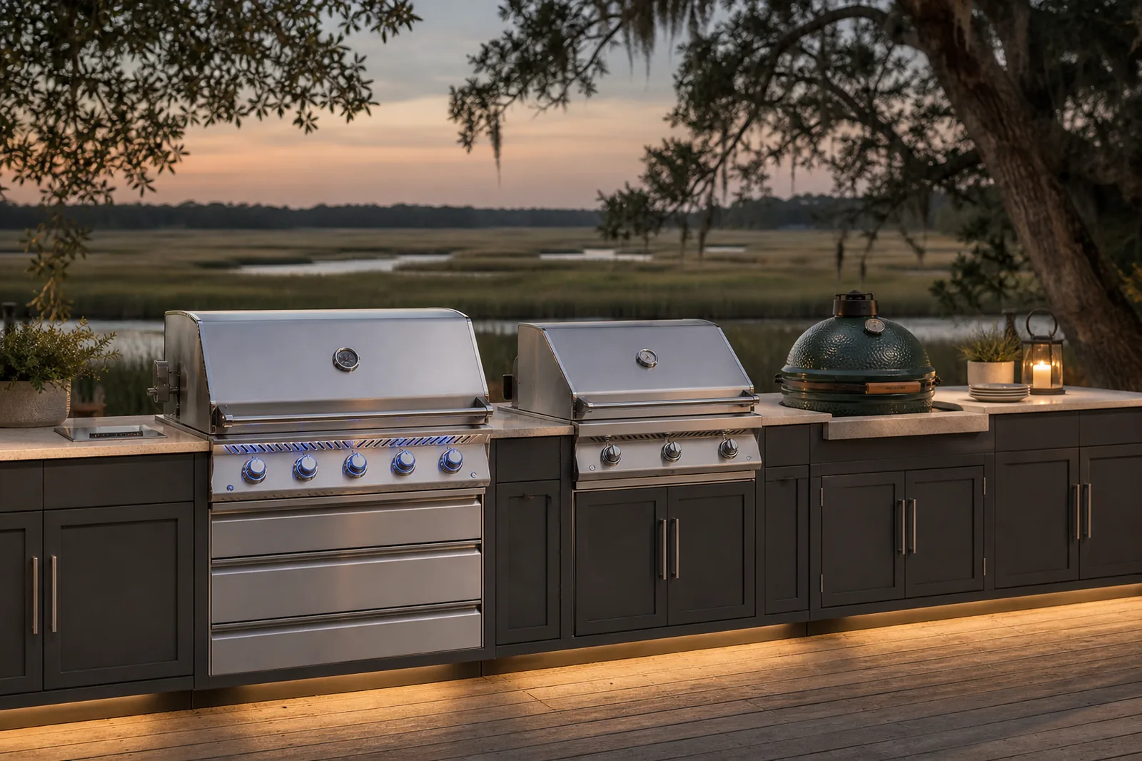 Challenger outdoor kitchen run with built-in gas grills and a Big Green Egg on a Hilton Head Island patio