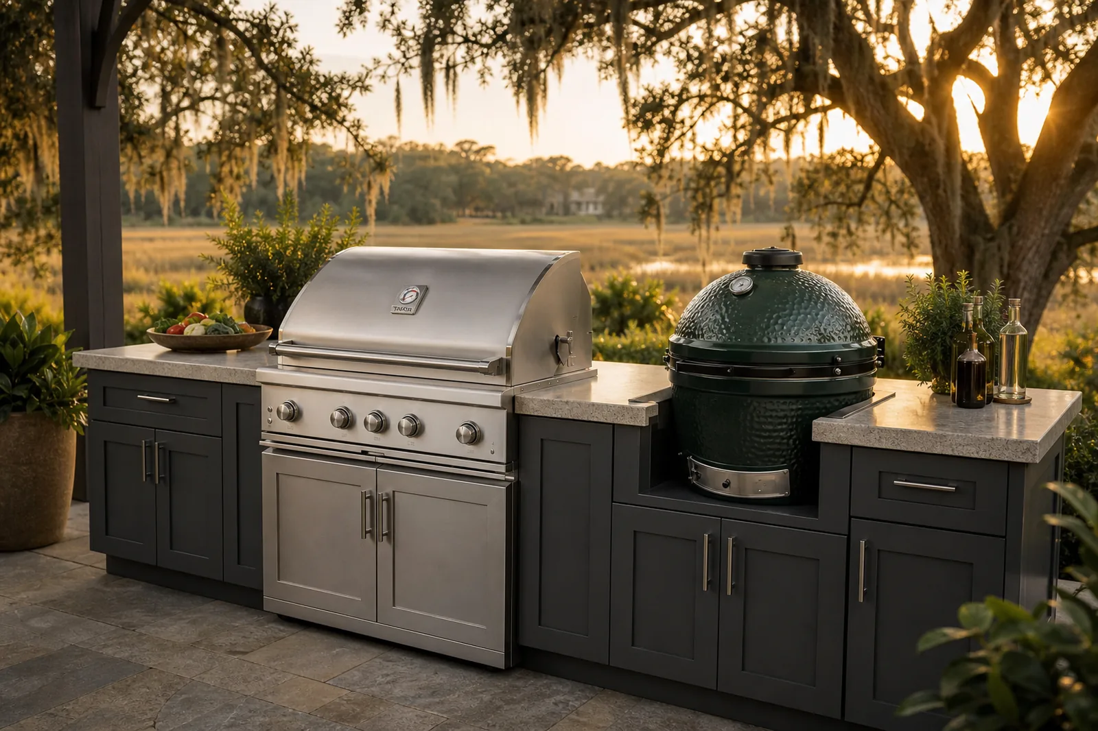 Built-in gas grill and Big Green Egg installed in a Challenger outdoor kitchen island at the Terrace + Tide grill store on Hilton Head Island