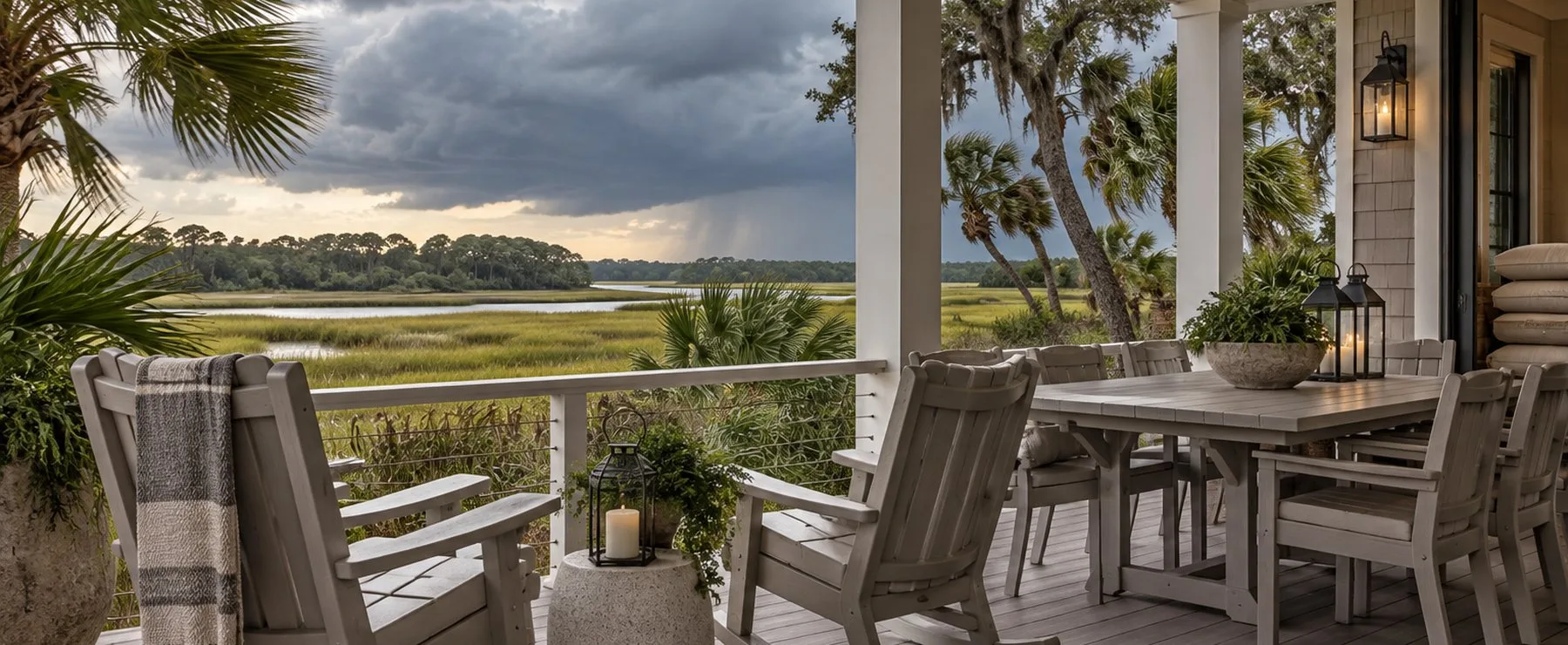 Covered Lowcountry porch with poly lumber rocking chairs and dining table as storm clouds build over the salt marsh, cushions stacked inside the doorway