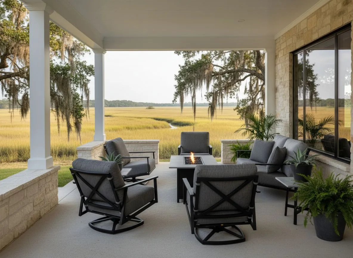 O.W. Lee gray cushion lounge chairs around a fire table on a Lowcountry porch