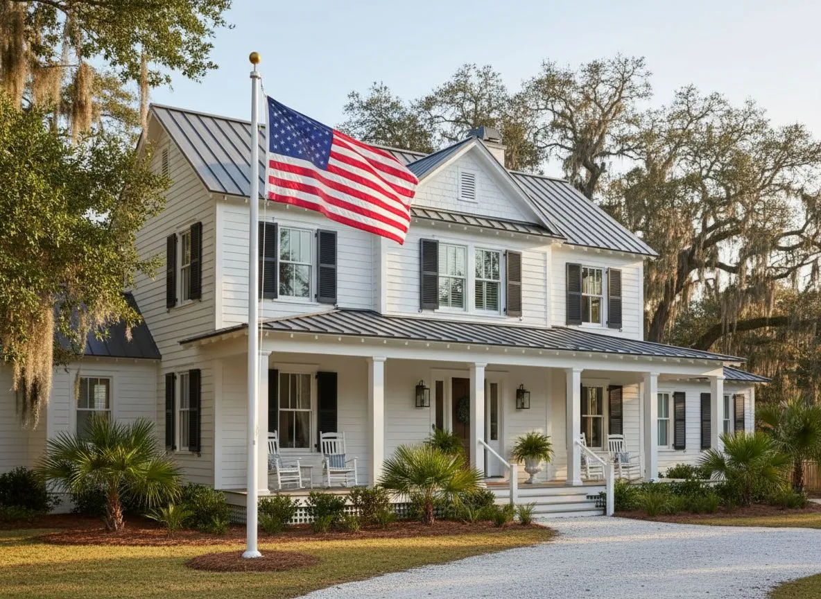 American flag flying at the entrance of a newly renovated Lowcountry coastal home