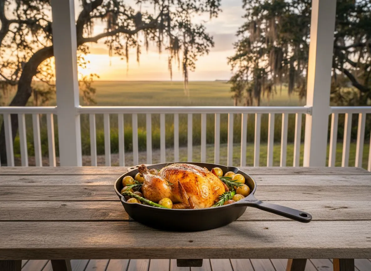 Smithey cast iron skillet with roasted chicken, potatoes, and asparagus on an outdoor wooden table on the back porch of a coastal Lowcountry home