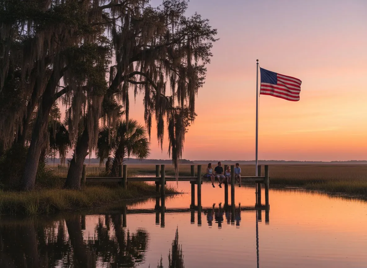 Family on a Lowcountry dock at sunset with American flag flying from a flagpole