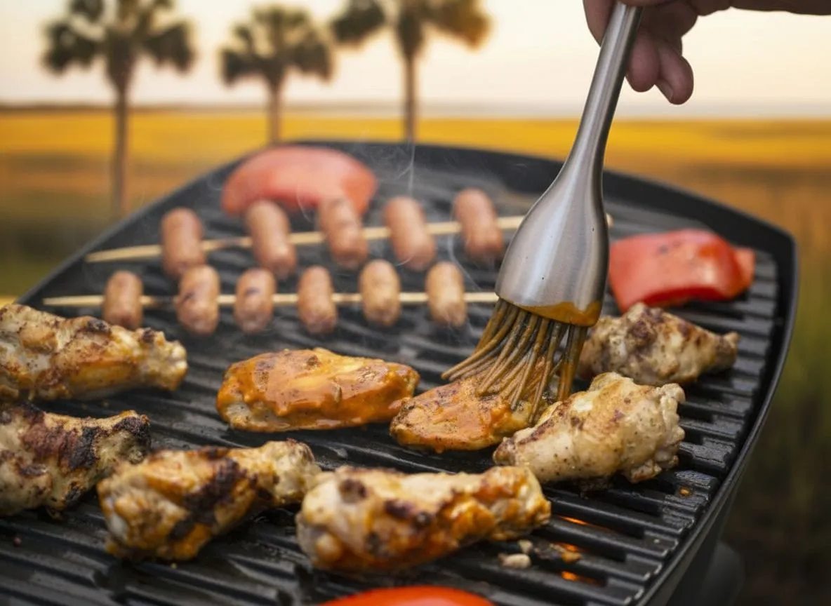Close-up of chicken wings and skewers being basted on a Weber cast iron grill grate