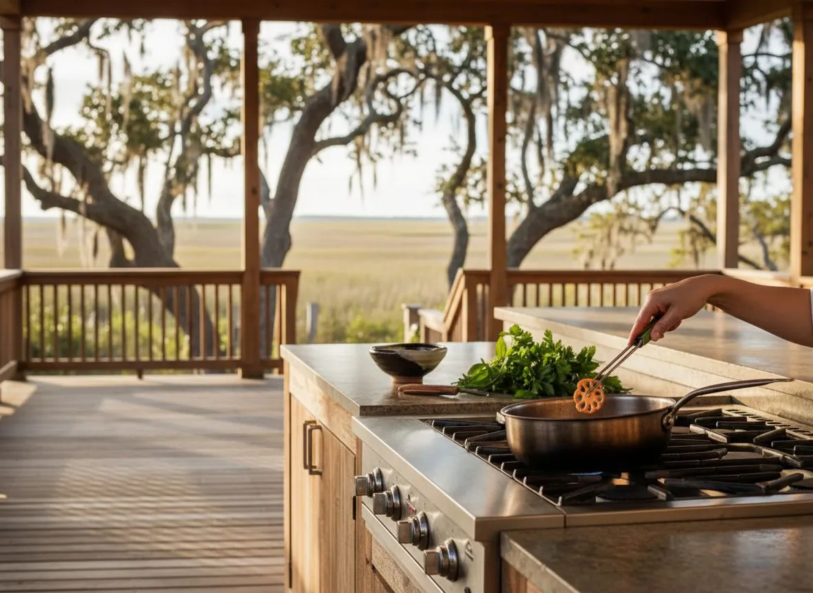 Woman tossing fresh pasta in a Made In carbon steel pan on a Lowcountry outdoor kitchen with marsh views