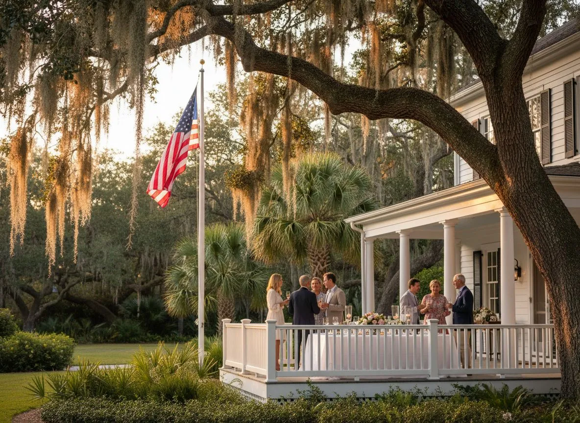 American flag flying beside a beautifully set outdoor dinner party on a Lowcountry porch at golden hour