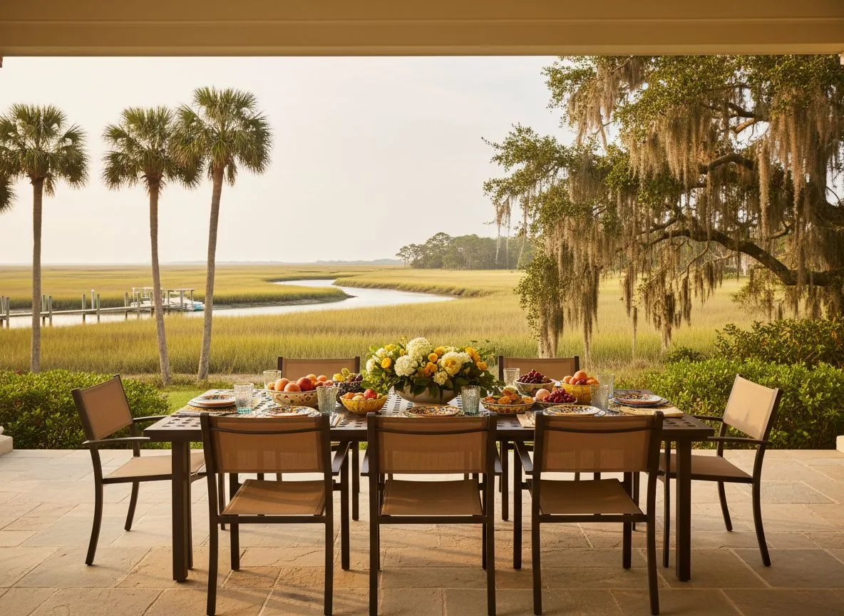 Telescope Casual sling dining set on a Lowcountry waterfront veranda