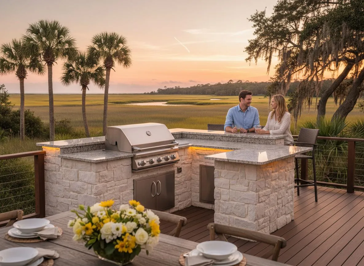 Couple at a Napoleon built-in outdoor kitchen island at marsh sunset on a teak deck