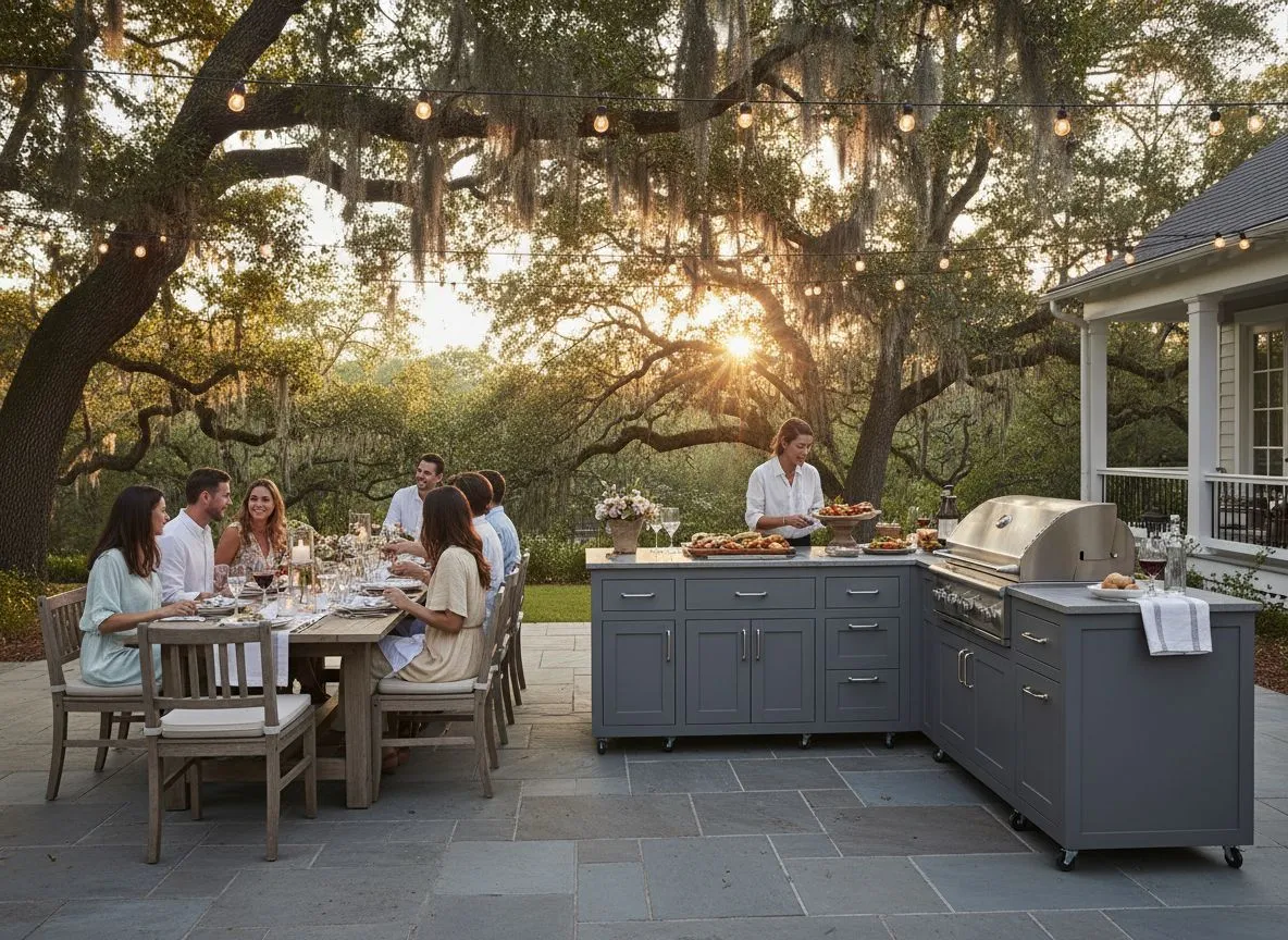 Challenger Coastal outdoor kitchen island at an evening dinner party under live oaks