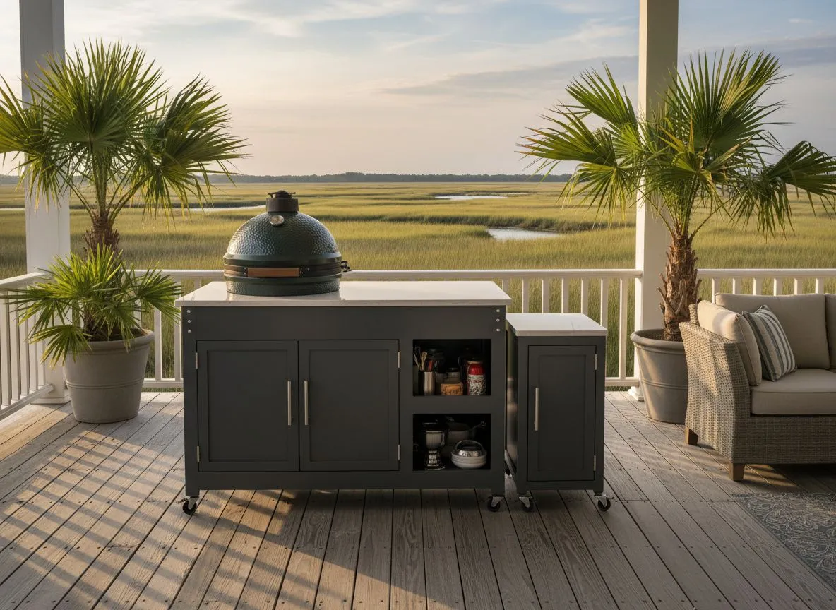 Challenger Torch grill cart with Big Green Egg on a Lowcountry porch