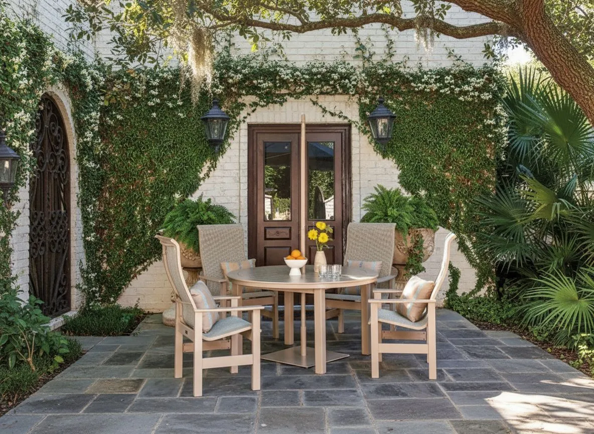 Telescope Casual round dining set in a charming Lowcountry courtyard