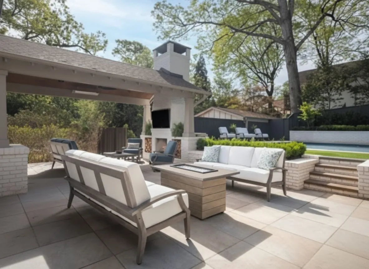 Lloyd Flanders modern outdoor sofa and lounge chairs on a renovated patio