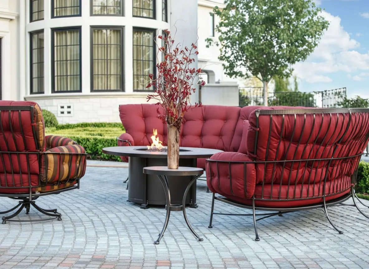 O.W. Lee curved sectional and lounge chairs in deep red around a fire pit on a Lowcountry estate