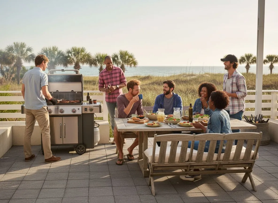 Group of friends gathered around a Weber Genesis on a coastal Lowcountry patio