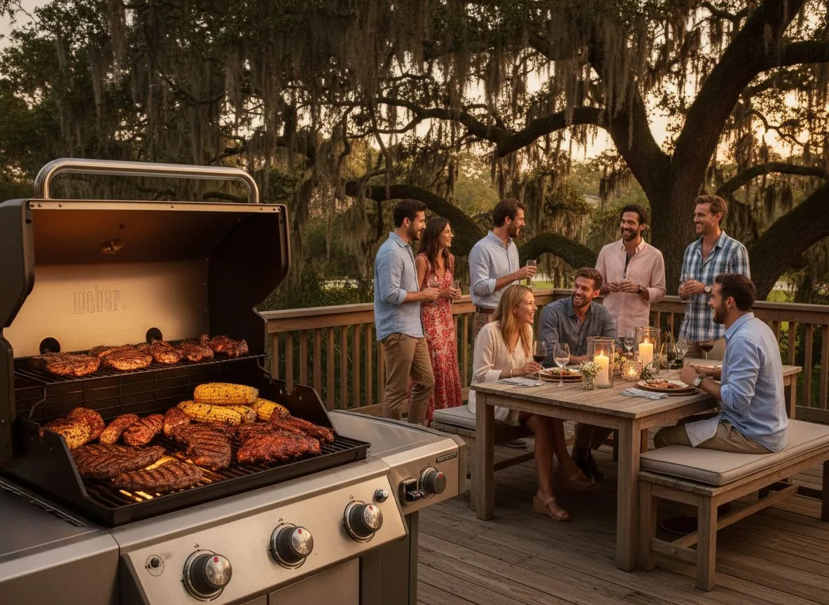 Weber grill glowing at dusk with friends dining on a Lowcountry porch