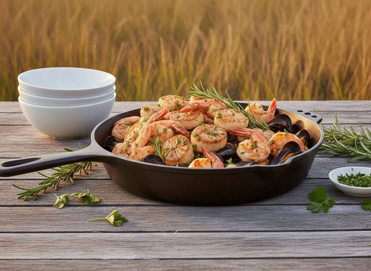 Smithey cast iron skillet overflowing with shrimp, scallops, and mussels on a Lowcountry patio