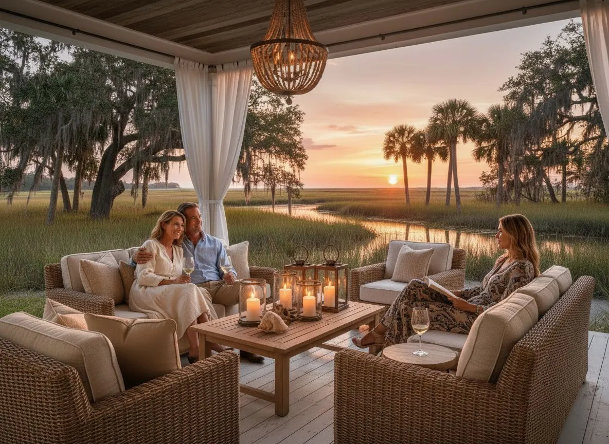 Couple relaxing on Lloyd Flanders wicker lounge seating on a Lowcountry porch at sunset