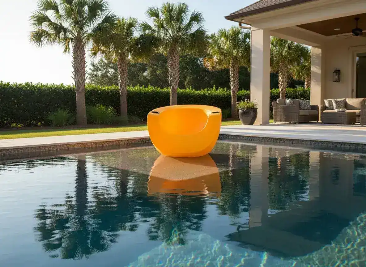 Yellow Tenjam Moon Chair on a Hilton Head Island pool tanning ledge with palmettos and natural stone