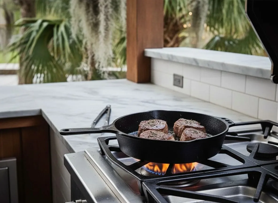 Smithey cast iron skillet searing steaks over open flames in a Lowcountry outdoor kitchen