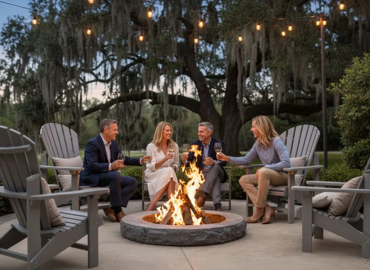 Berlin Gardens Adirondack chairs around a fire pit under live oaks