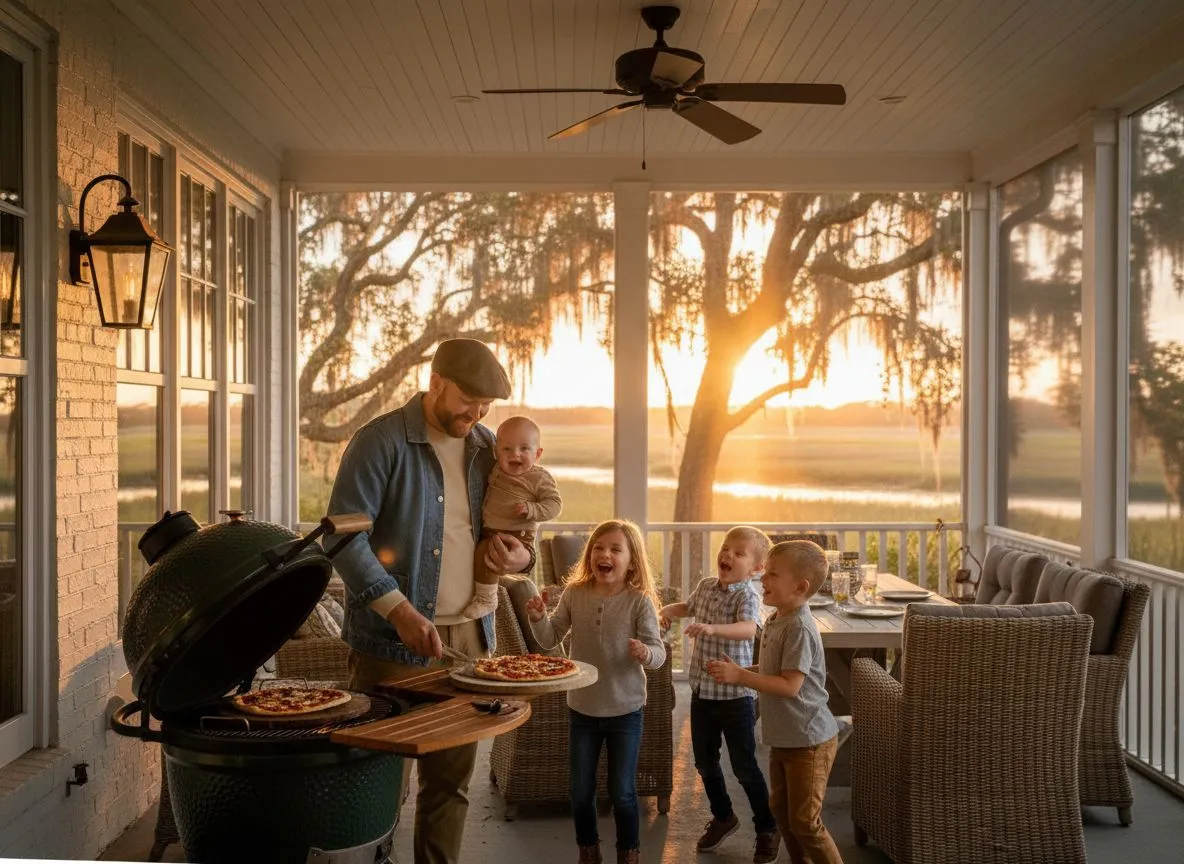 Family pizza night on a Lowcountry porch with Big Green Egg