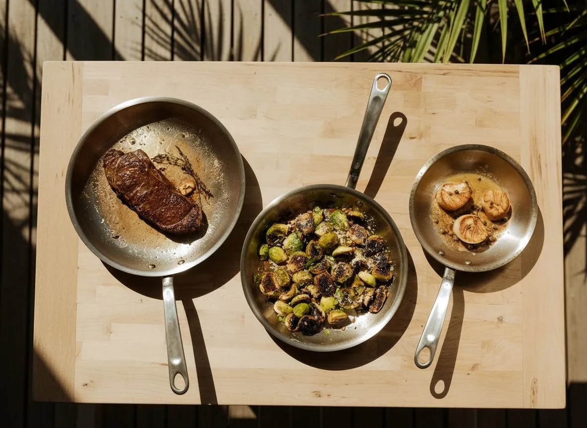 Overhead view of three Made In pans with seared steak, Brussels sprouts, and scallops on a Lowcountry porch table