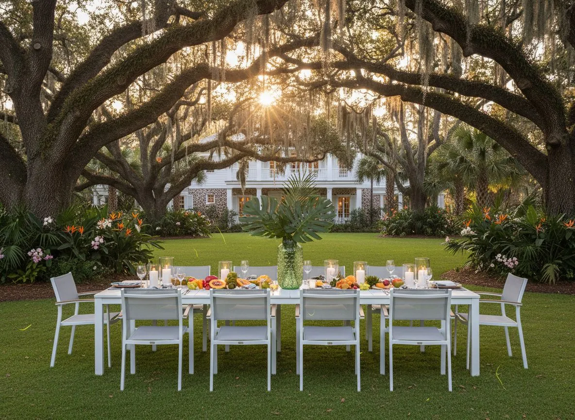 Telescope Casual large white dining table under live oaks on a Lowcountry estate
