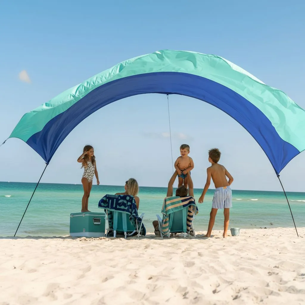 Family relaxing under a Shibumi Shade on a Hilton Head Island beach