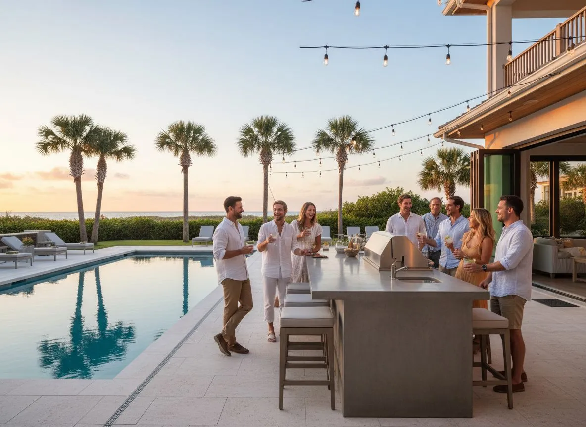 Friends gathered around a Delta Heat outdoor kitchen by the pool