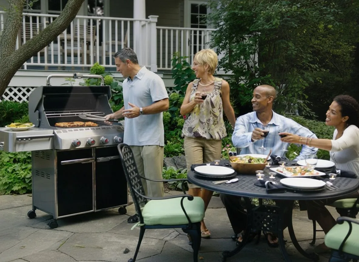 Two couples enjoying an outdoor dinner party at a classic Lowcountry coastal home with a Weber grill