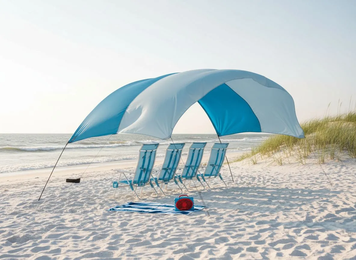 Shibumi Summer Sky beach chairs and shade setup with Turtlebox speaker on a Lowcountry beach