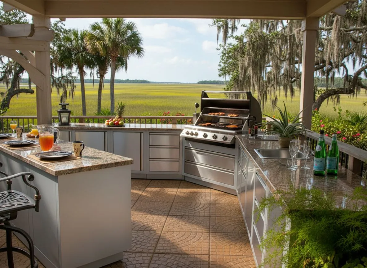 Napoleon outdoor kitchen with stainless cabinetry overlooking a Lowcountry marsh