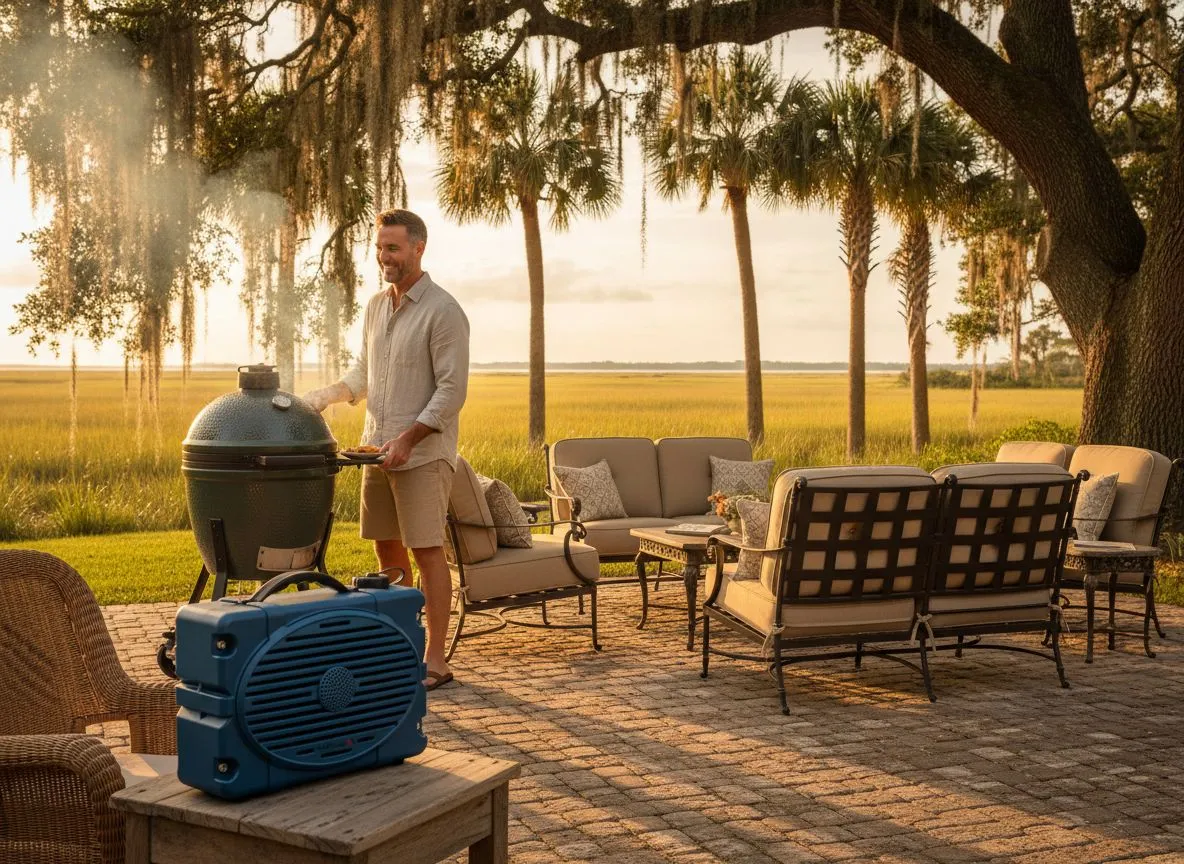 Man grilling on a Big Green Egg with Turtlebox speaker on a Lowcountry patio