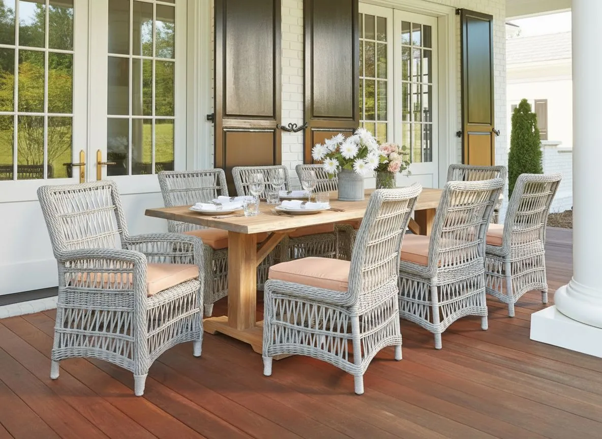 Lloyd Flanders wicker dining chairs around a teak table on a covered porch