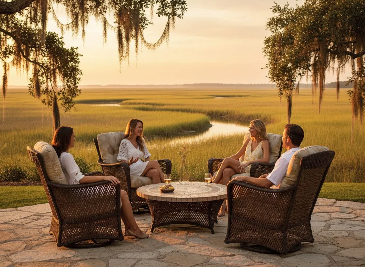 Lloyd Flanders wicker lounge chairs around a fire table overlooking a Lowcountry marsh