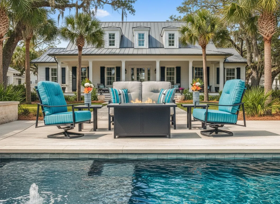 O.W. Lee swivel rocker chairs in coastal blue by a Hilton Head pool